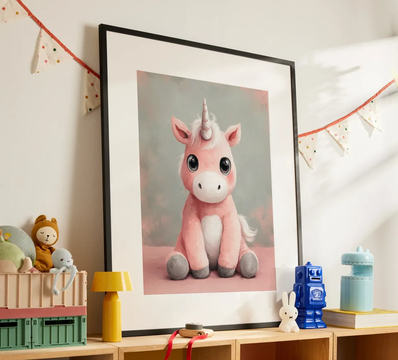 Pink Baby Unicorn Sitting with Shiny Eyes and Fluffy Mane poster by Moodwall