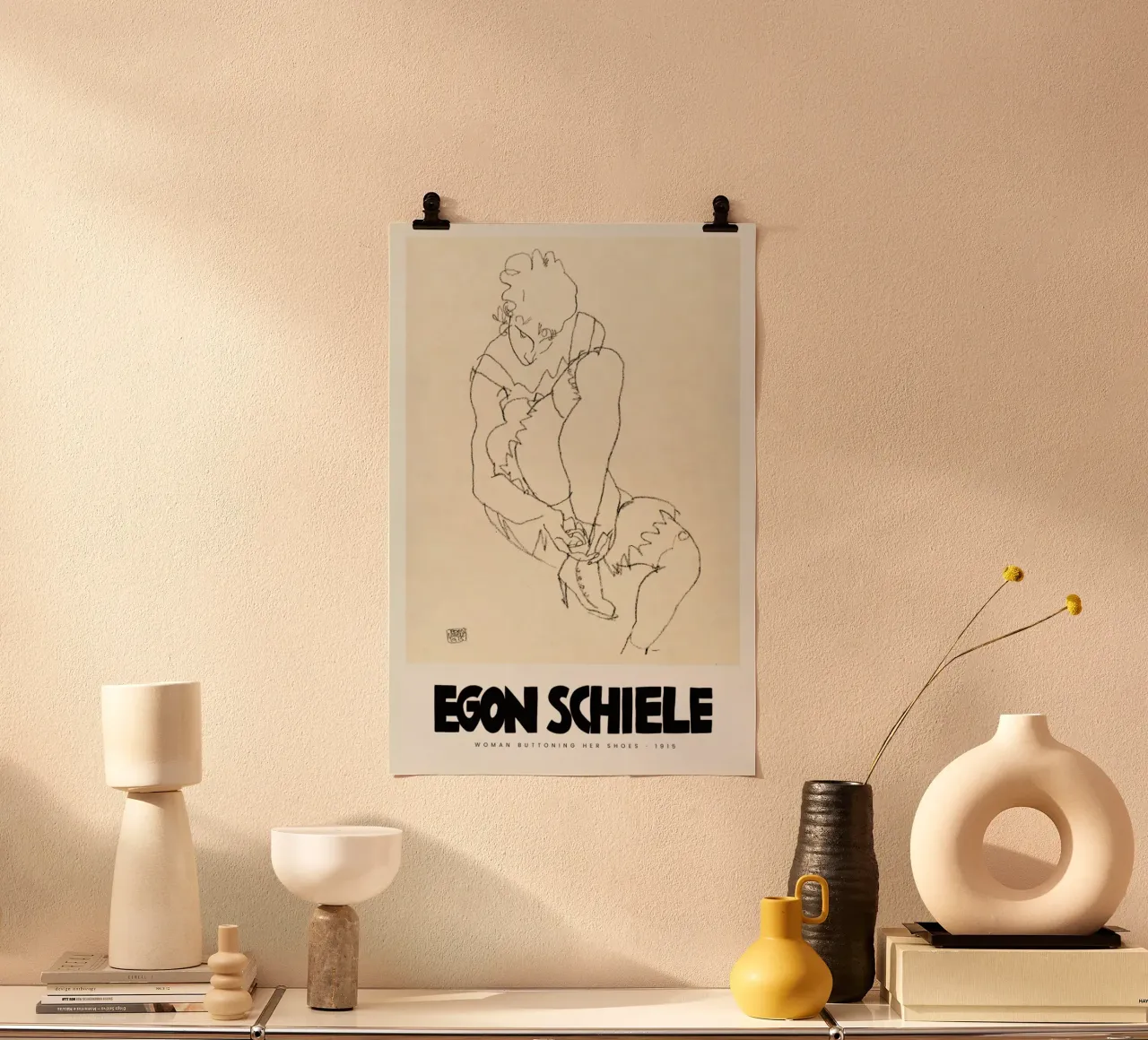 Schiele - Woman Buttoning Her Shoes II poster con telaio in plastica da Vintage by JUNIQE
