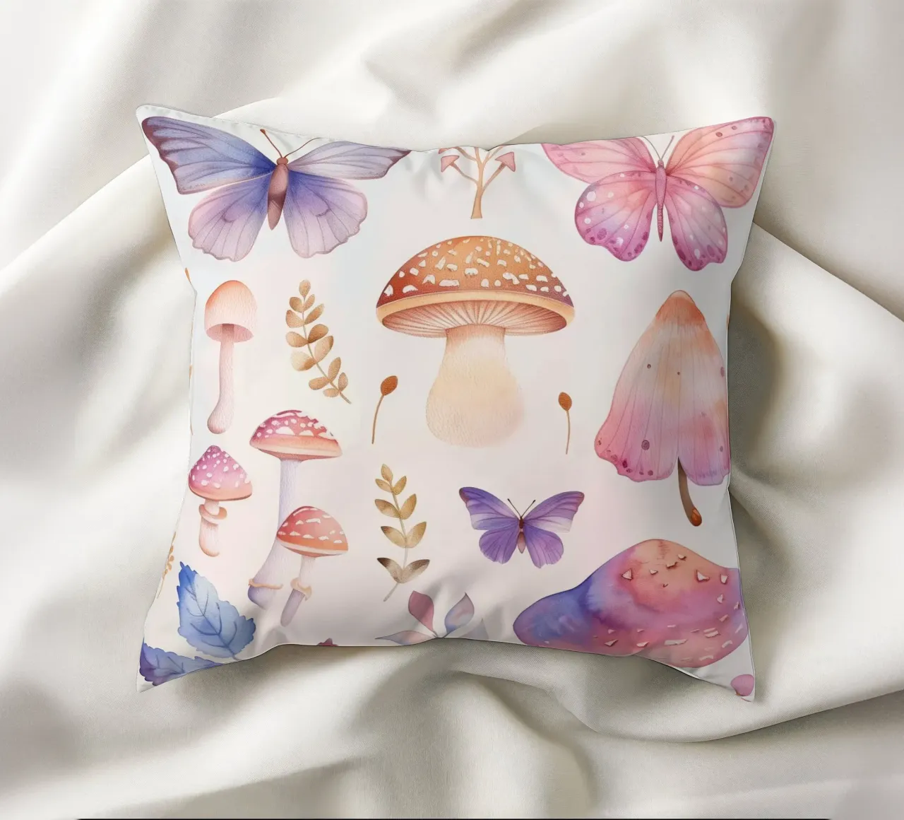 Funghi e farfalle magiche Boho in morbidi acquerelli cuscino da Gentle Echoes Art