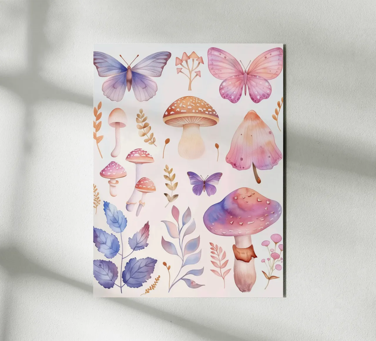 Funghi e farfalle magiche Boho in morbidi acquerelli alluminio dibond da Gentle Echoes Art
