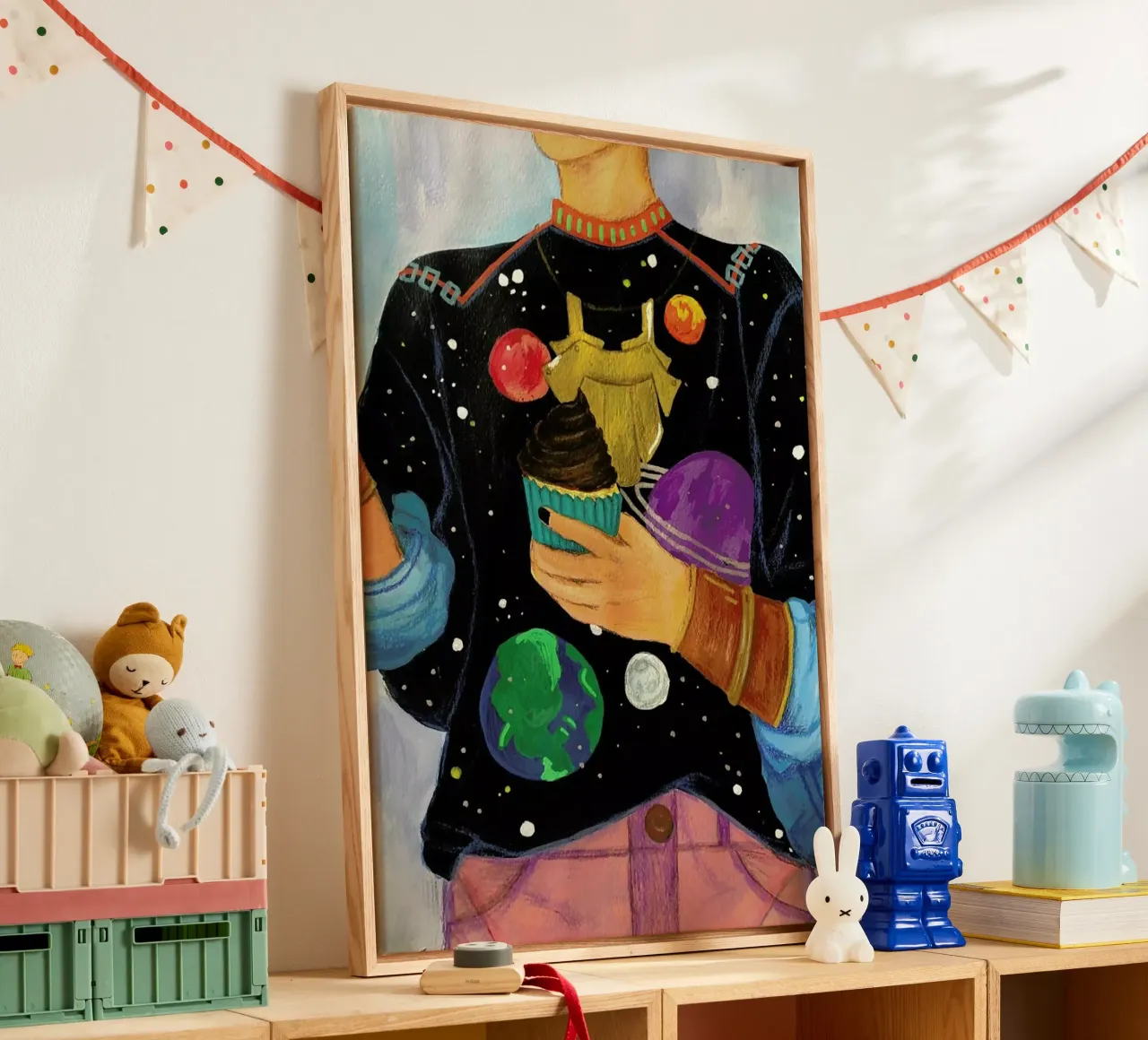 Cupcakes And Space canvas with Floater frame by Paloma Kua