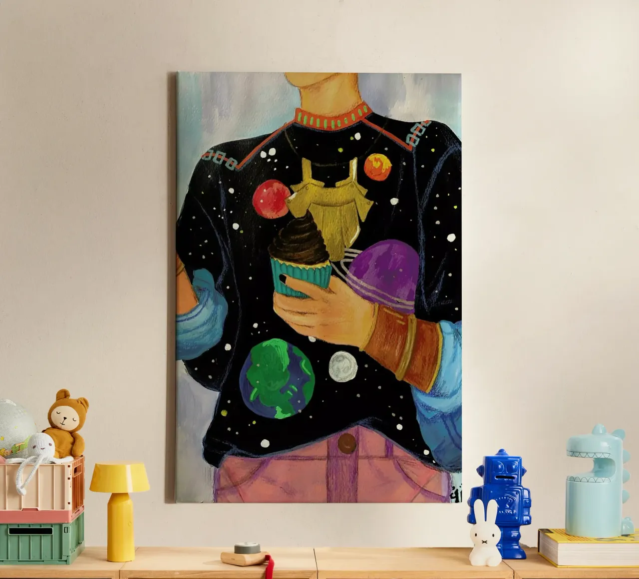 Cupcakes And Space canvas with Floater frame by Paloma Kua