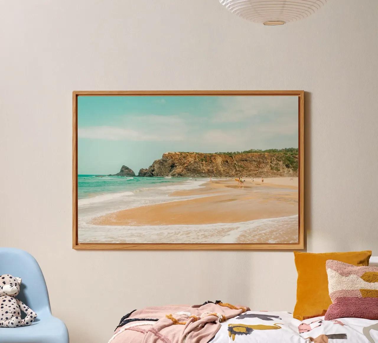 Portugal beach photo with surfers and turquoise blue water forex plate by Bold and Retro