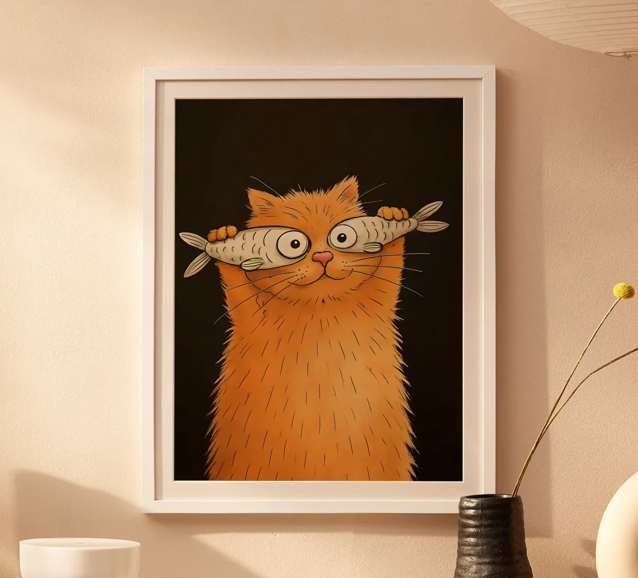 Gatto arancione con occhi di pesce poster con telaio in legno da 🥝 KIWI STORE