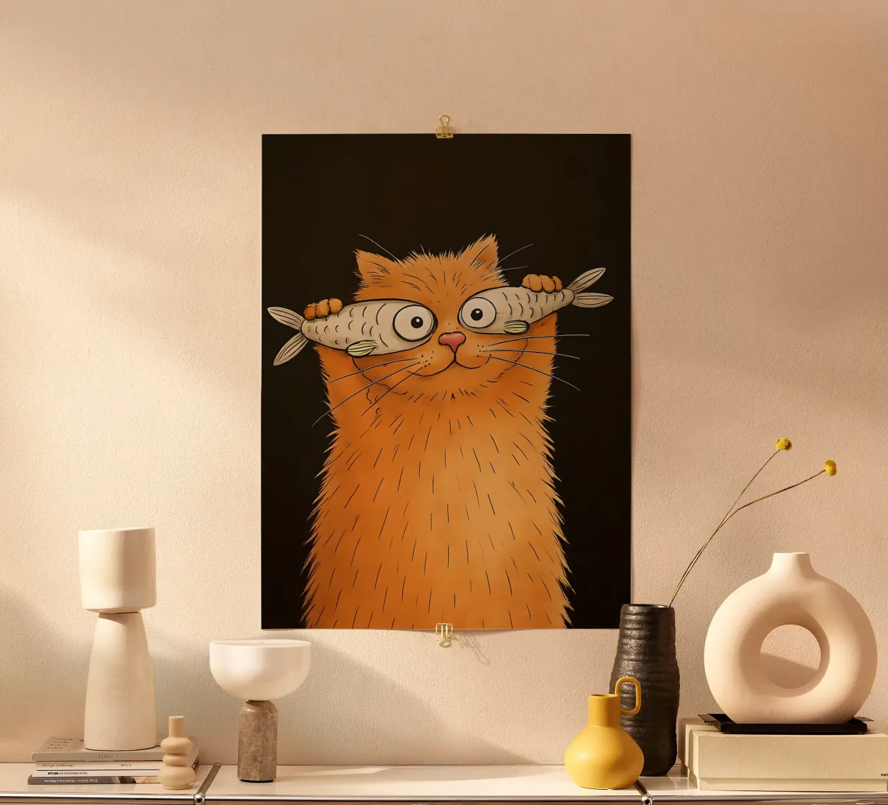 Gatto arancione con occhi di pesce poster con telaio in legno da 🥝 KIWI STORE