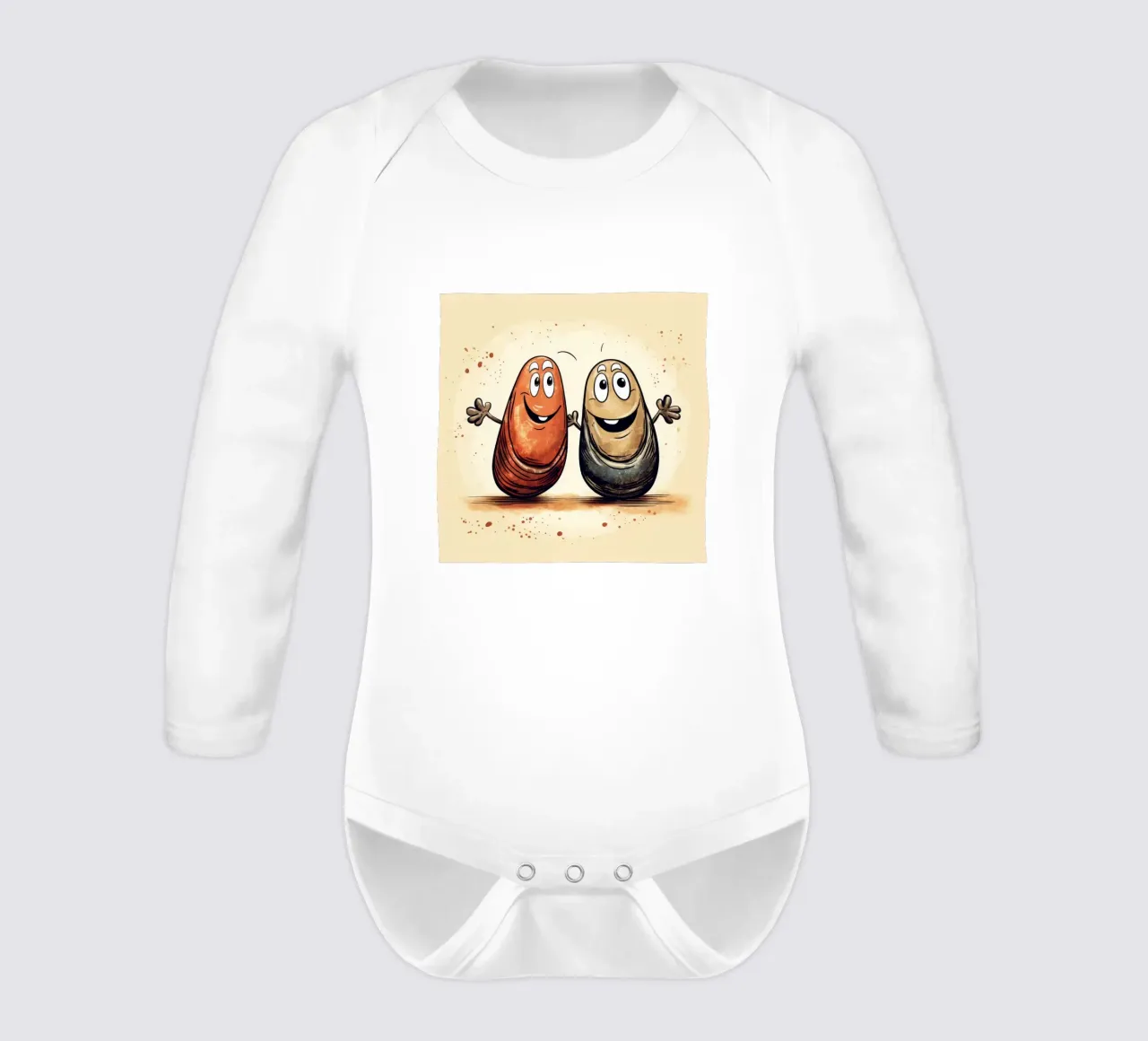 Retro Mussel Duo long-sleeve baby romper by Funny Animals