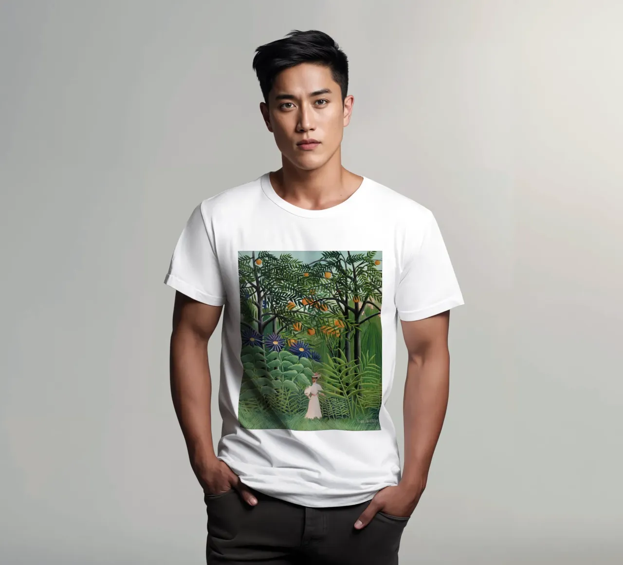 "Donna che cammina in una foresta esotica" di Henri Rousseau t-shirt da Classic Art Prints
