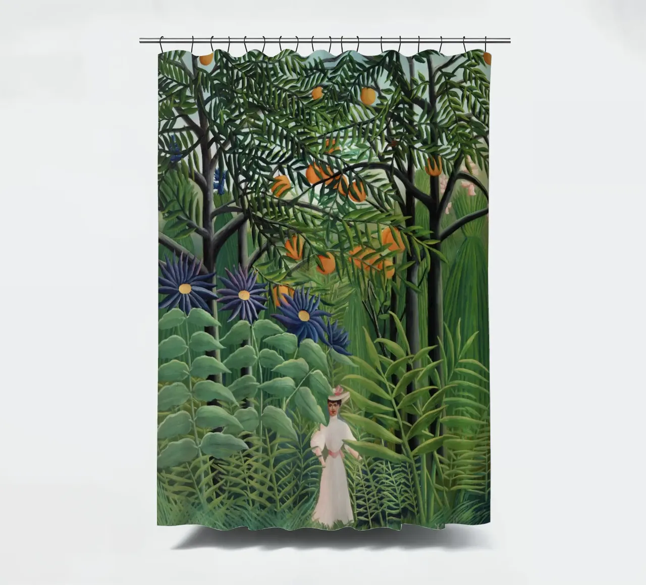 "Donna che cammina in una foresta esotica" di Henri Rousseau tenda da doccia da Classic Art Prints
