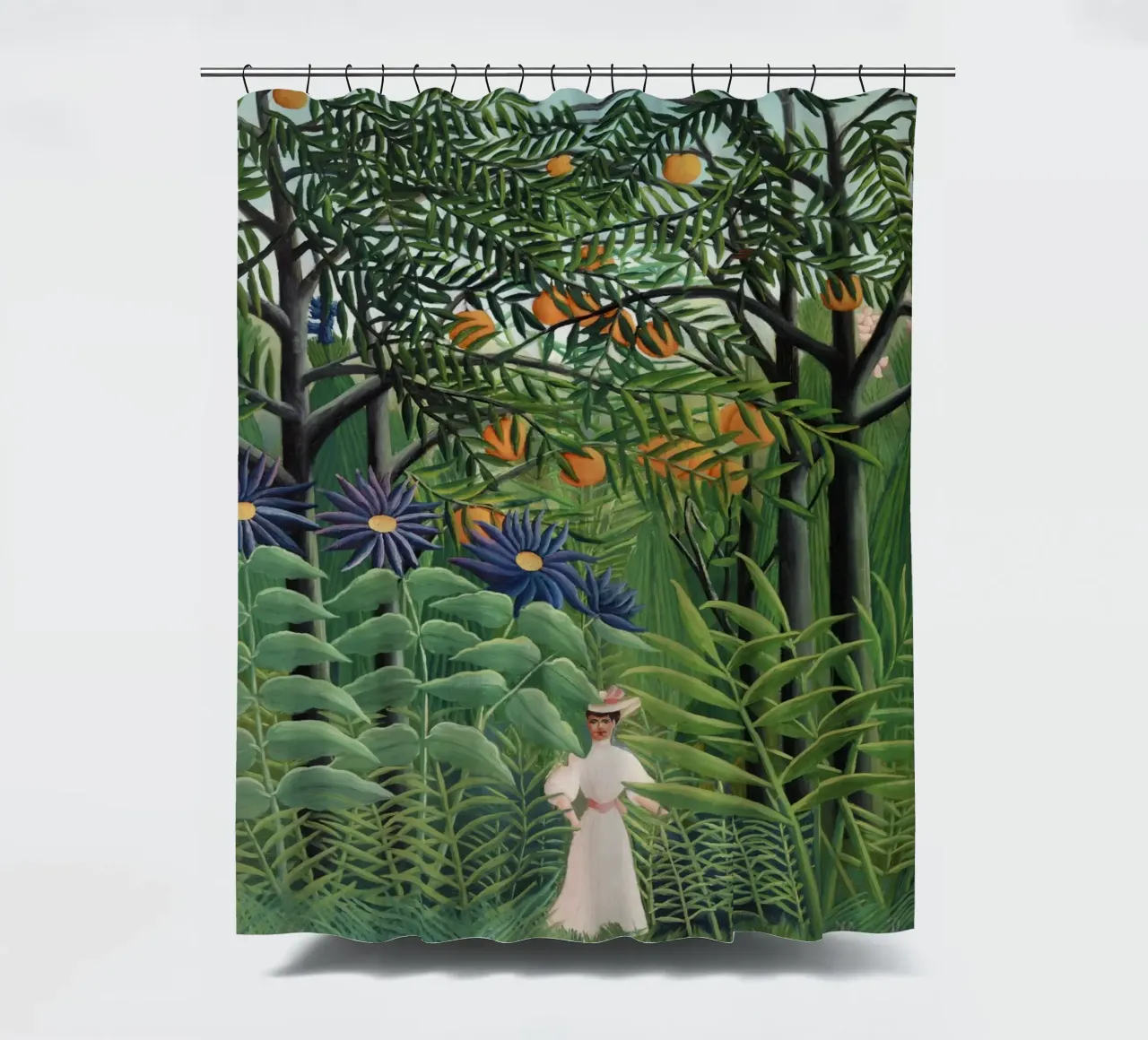 "Donna che cammina in una foresta esotica" di Henri Rousseau tenda da doccia da Classic Art Prints