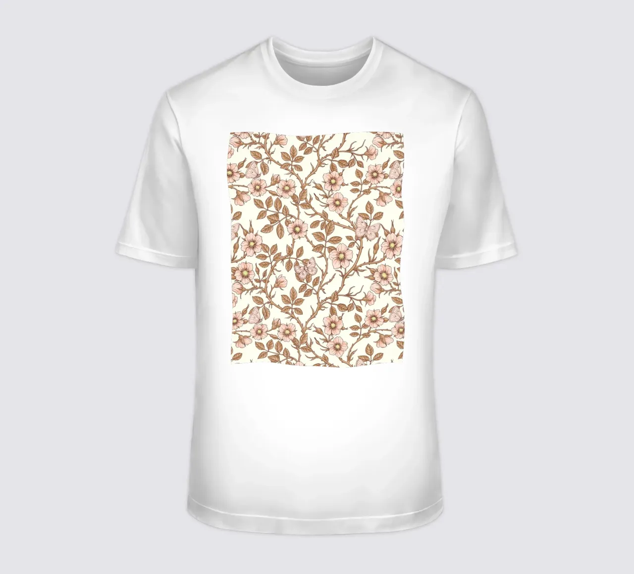 Rose selvatiche e farfalle / rosa/marrone/bianco sporco t-shirt da Painted Nature