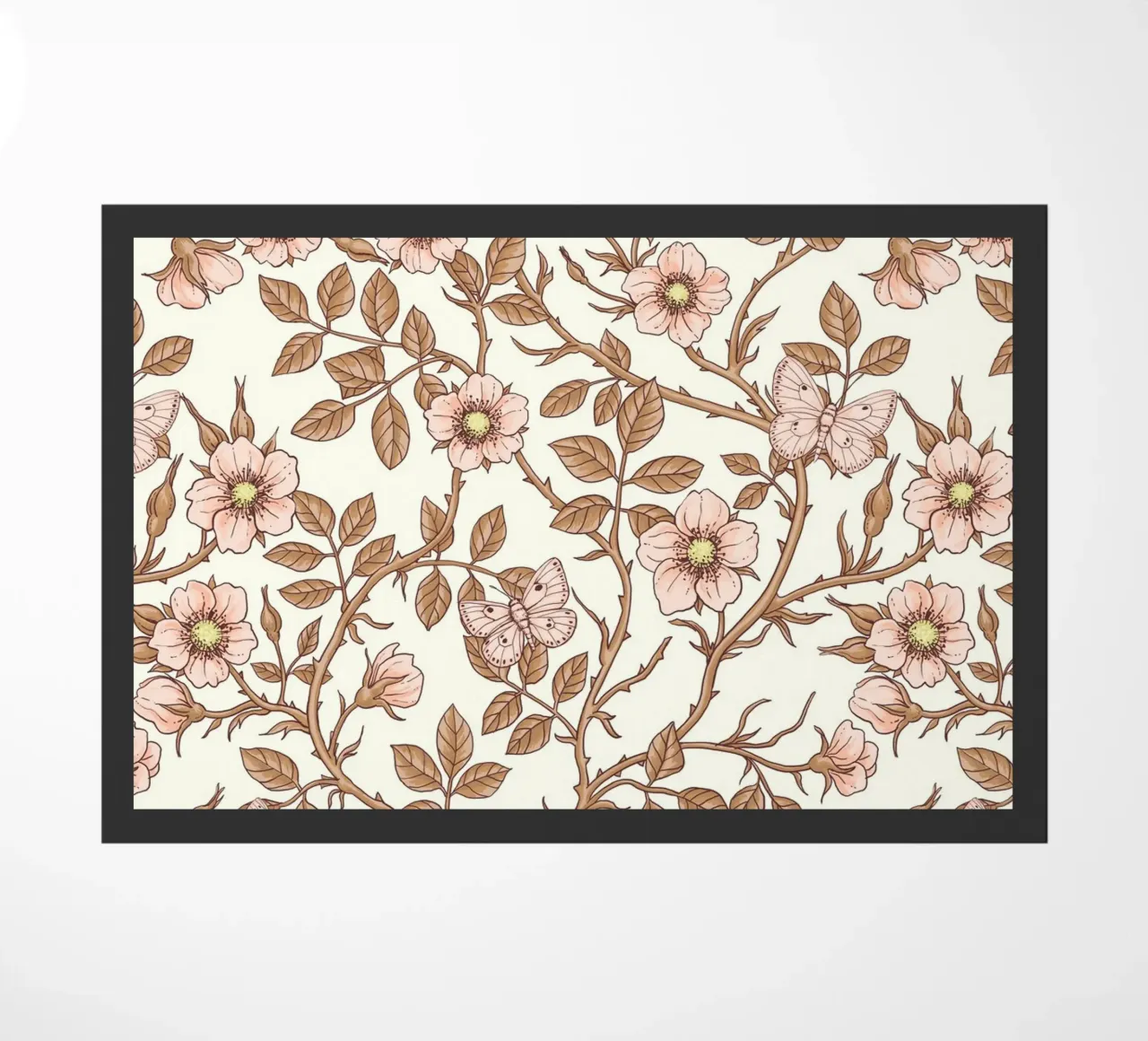 Wildrosen und Schmetterlinge /rosa/braun/off white Fußmatte von Painted Nature