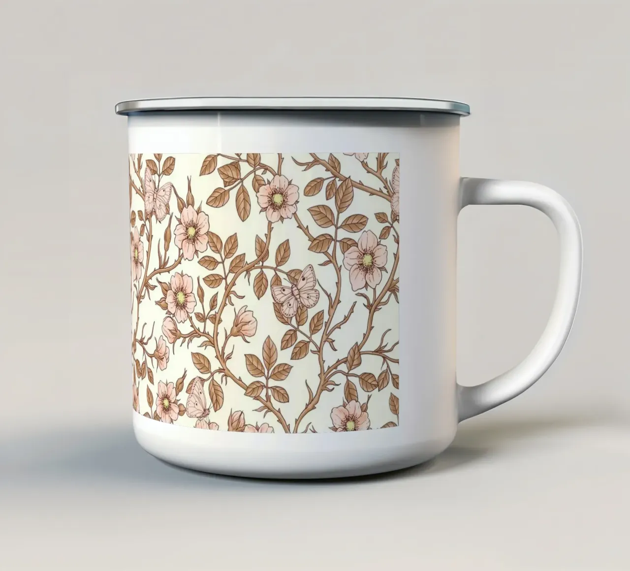 Rose selvatiche e farfalle / rosa/marrone/bianco sporco tazza in smalto da Painted Nature
