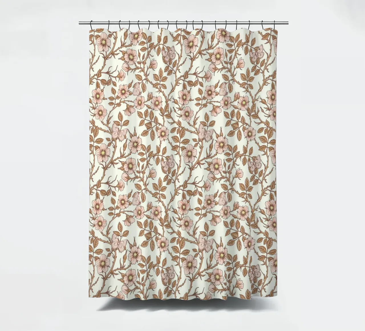 Rose selvatiche e farfalle / rosa/marrone/bianco sporco tenda da doccia da Painted Nature