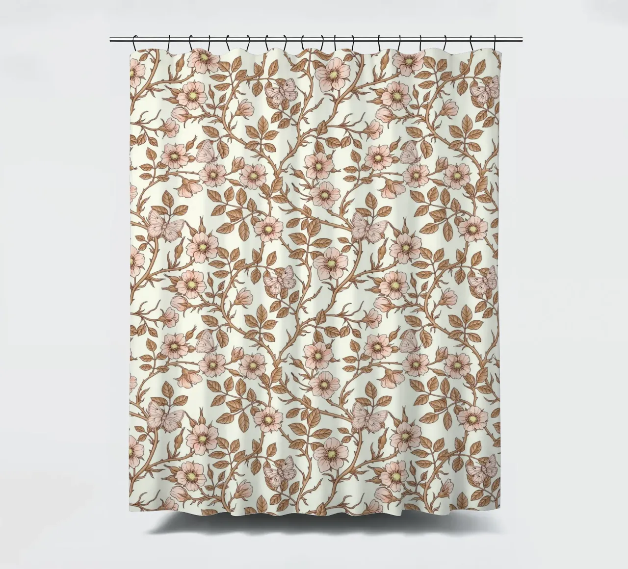 Rose selvatiche e farfalle / rosa/marrone/bianco sporco tenda da doccia da Painted Nature