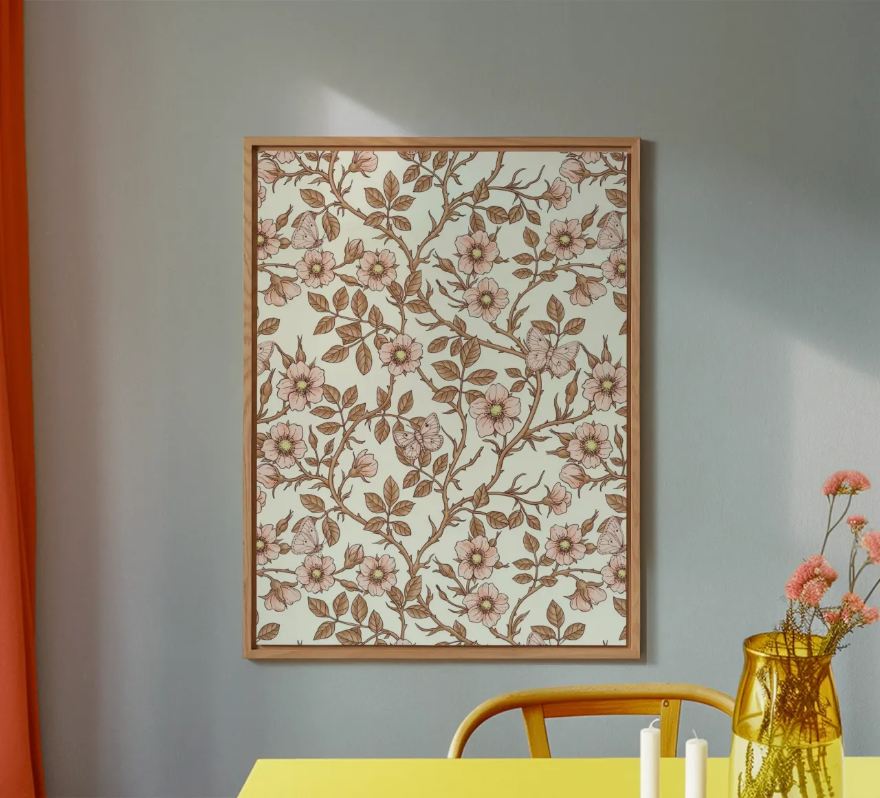 Rose selvatiche e farfalle / rosa/marrone/bianco sporco alluminio dibond da Painted Nature