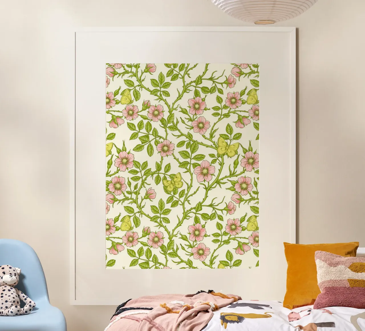 Roses sauvages et papillons /rose/vert pâle/jaune/blanc cassé poster de Painted Nature