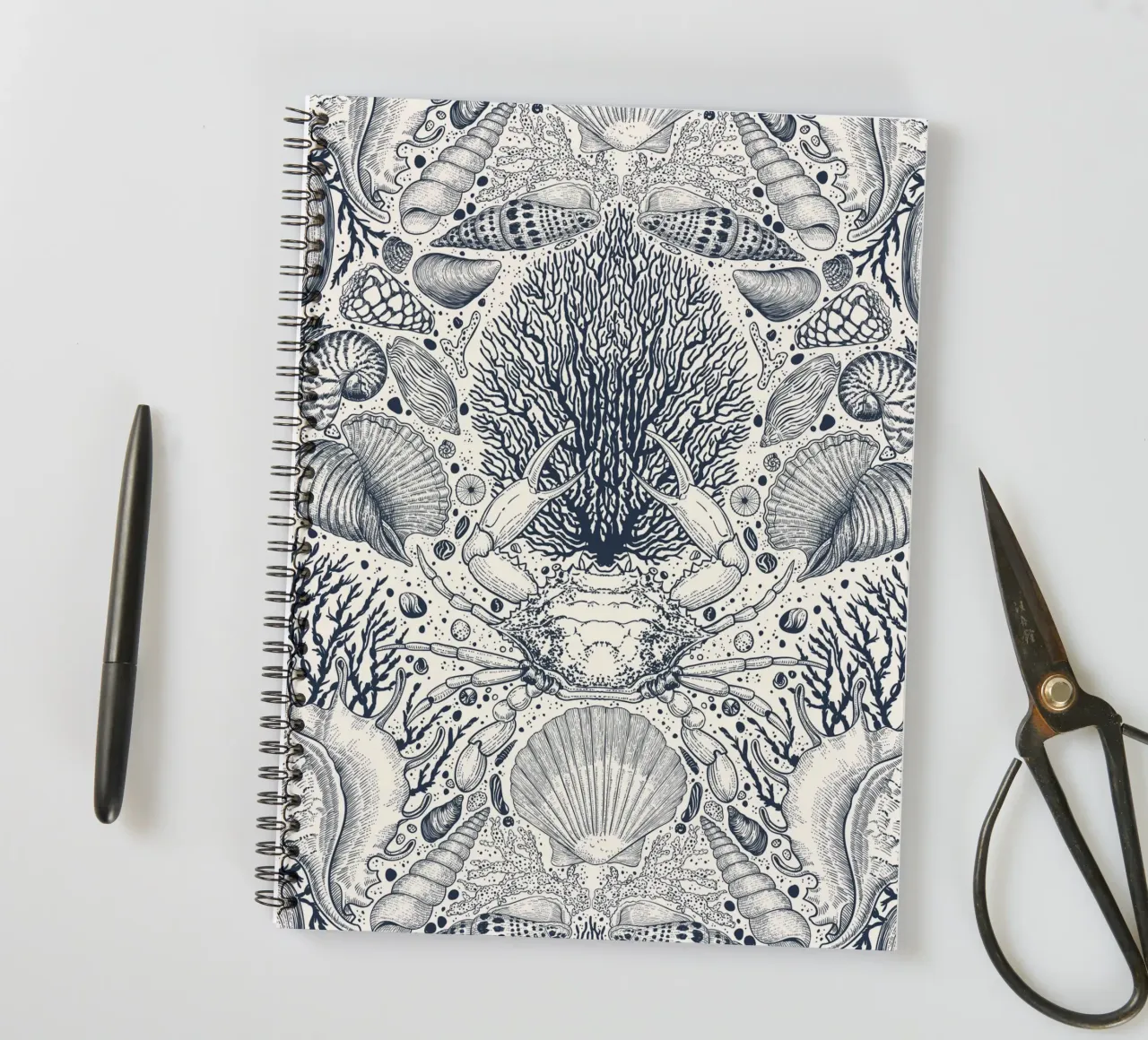 Beach treasures, seashells, crab, corals and seaweeds in nav spiral notebook by Painted Nature
