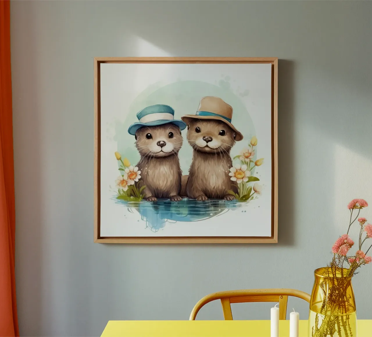 Retro Otter Duo canvas with Floater frame by Funny Animals