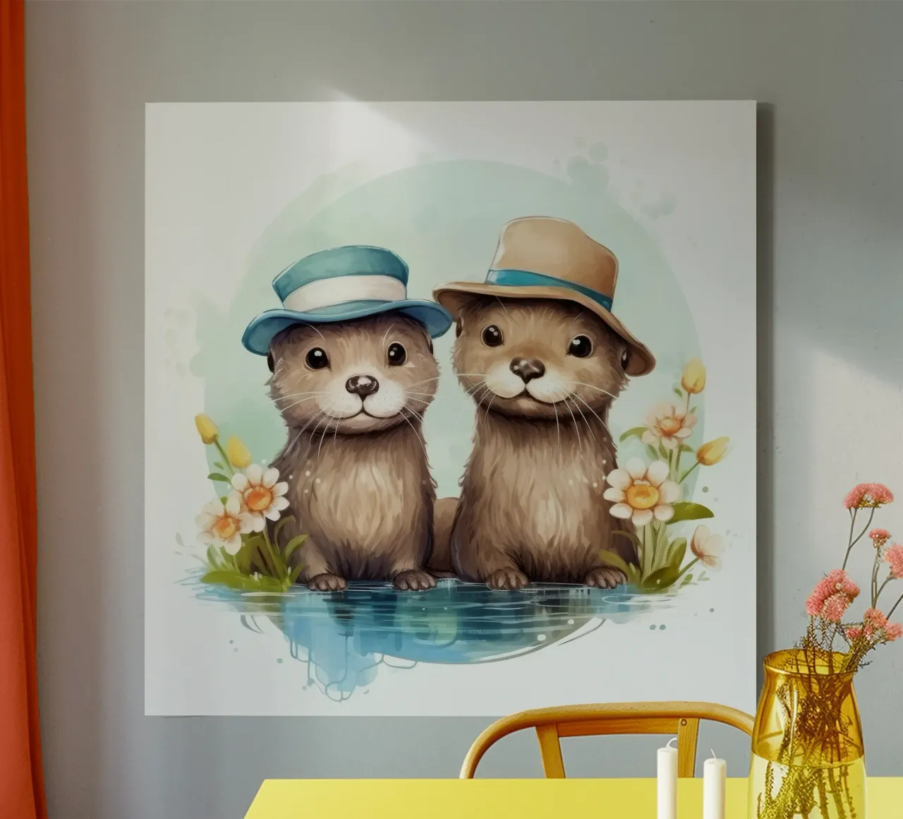 Retro Otter Duo canvas with Floater frame by Funny Animals