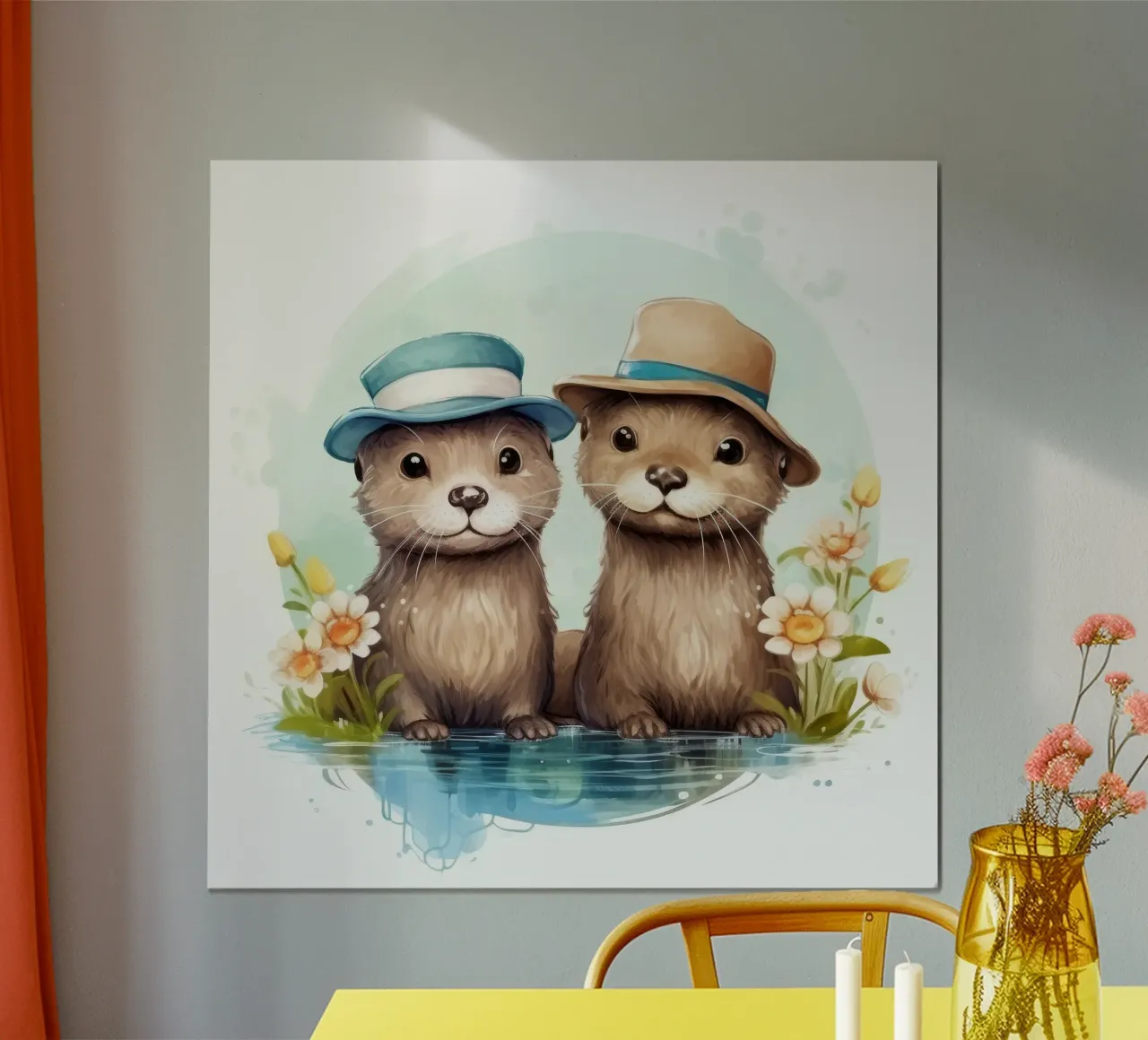 Retro Otter Duo poster con telaio in alluminio da Funny Animals
