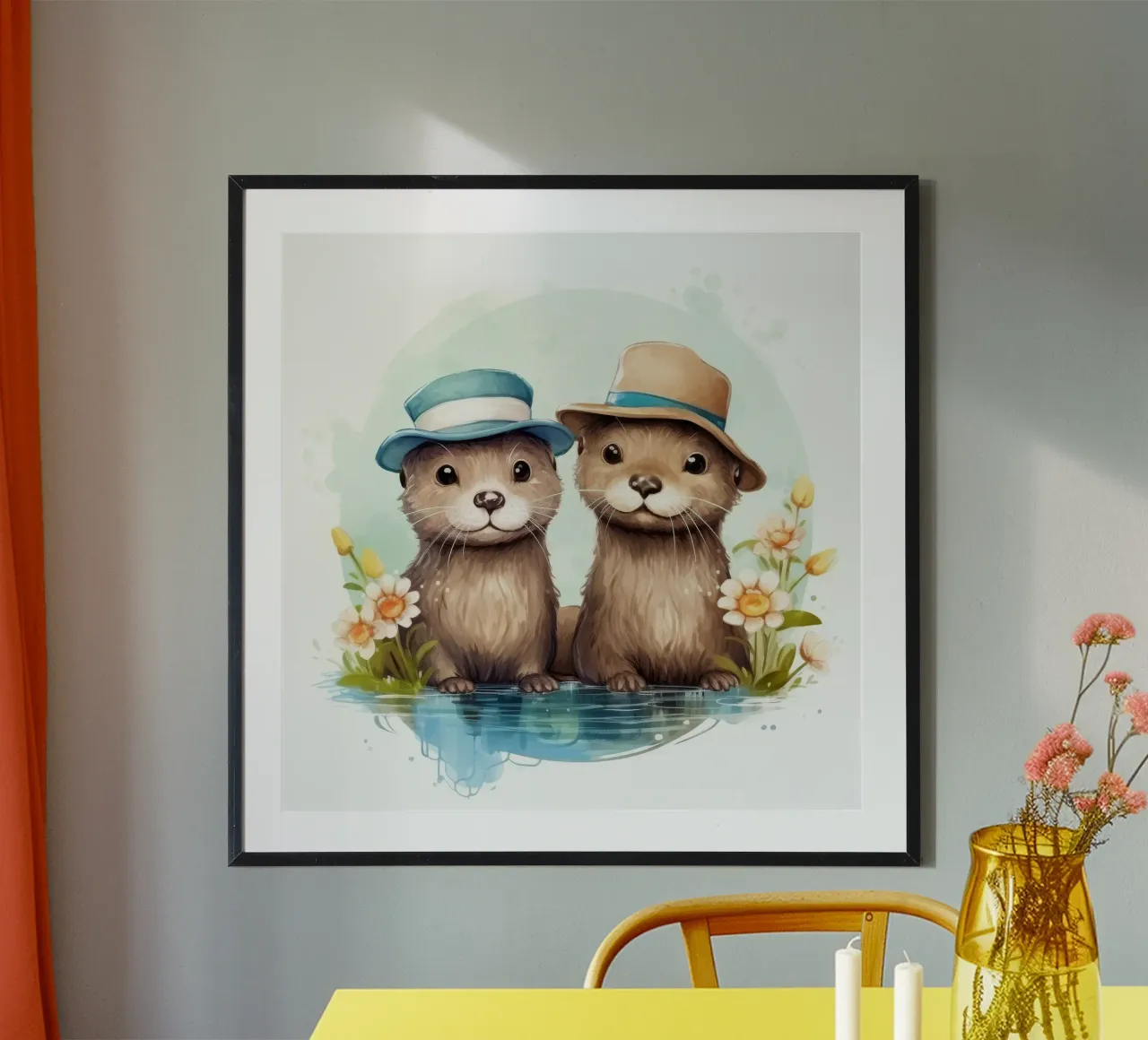 Retro Otter Duo poster con telaio in alluminio da Funny Animals