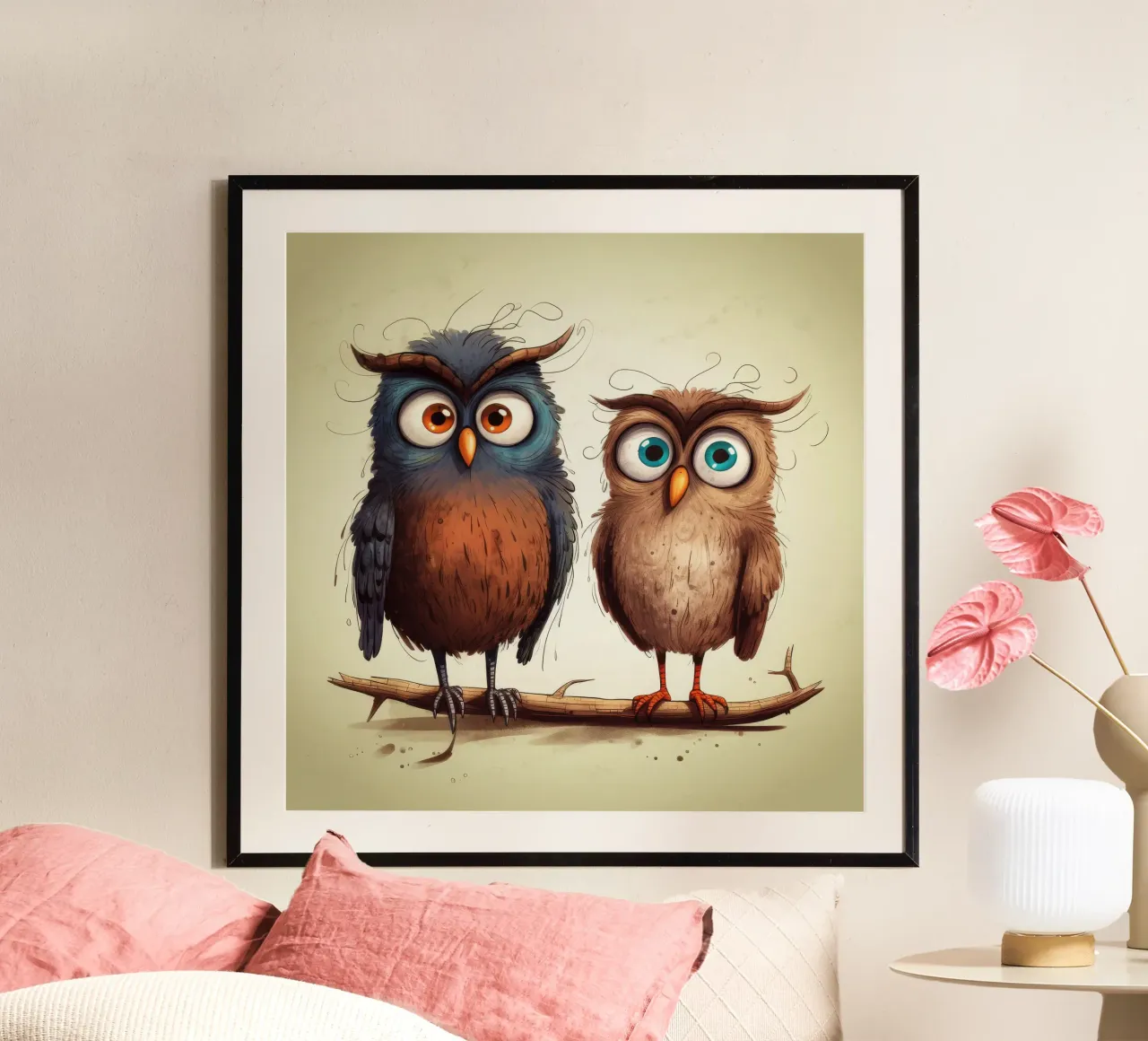Retro Owl Duo poster con telaio in alluminio da Funny Animals