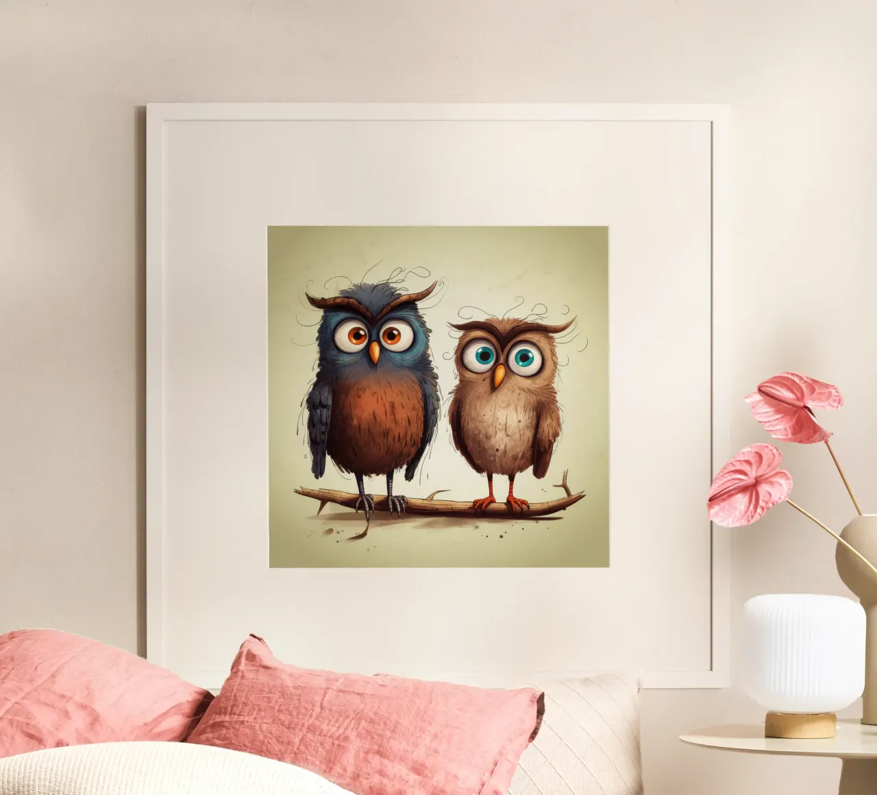 Retro Owl Duo poster con telaio in alluminio da Funny Animals