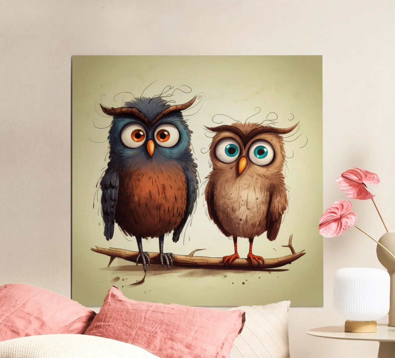 Retro Owl Duo poster con telaio in alluminio da Funny Animals