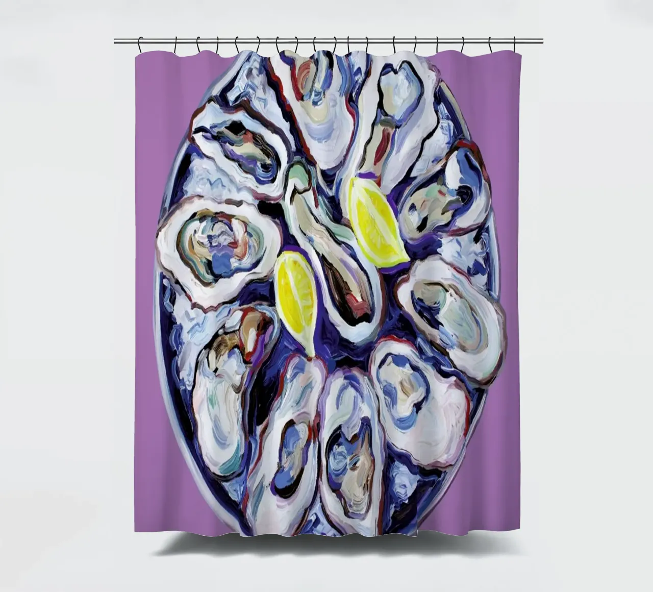 Oysters On A Plate Purple shower curtain by Alice Straker