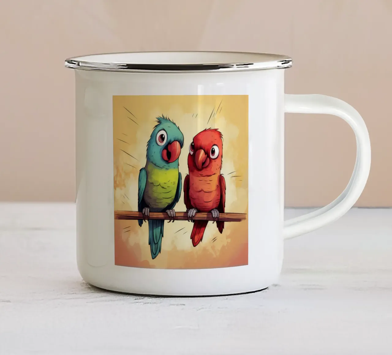 Duo di pappagalli retrò tazza in smalto da Funny Animals