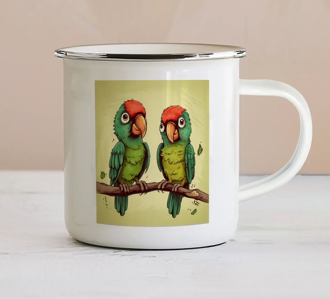 Duo di pappagalli retrò tazza in smalto da Funny Animals