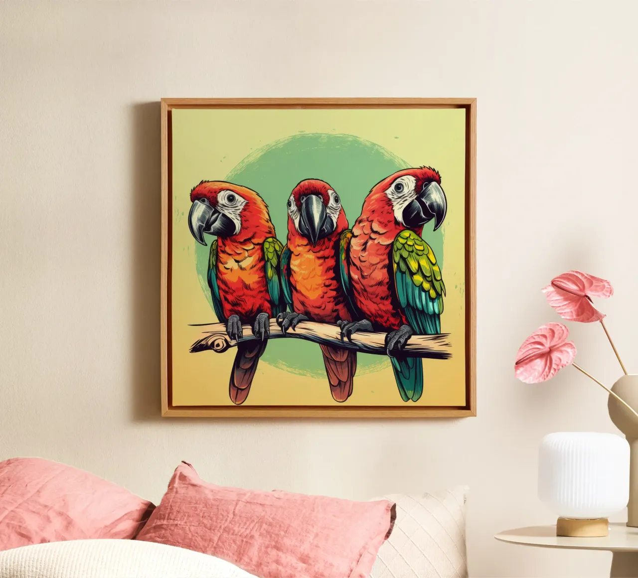 Pandilla Retro Parrot lienzo con Marco flotante de Funny Animals