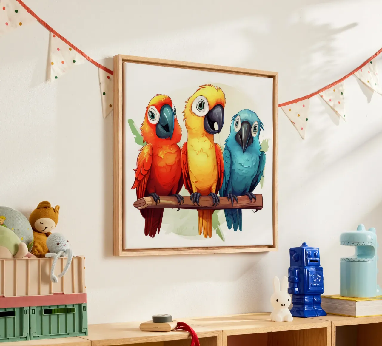 Retro Parrot Gang canvas with Floater frame by Funny Animals