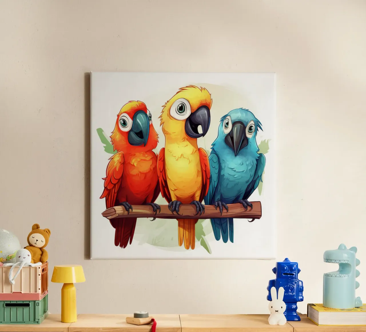 Retro Parrot Gang canvas with Floater frame by Funny Animals