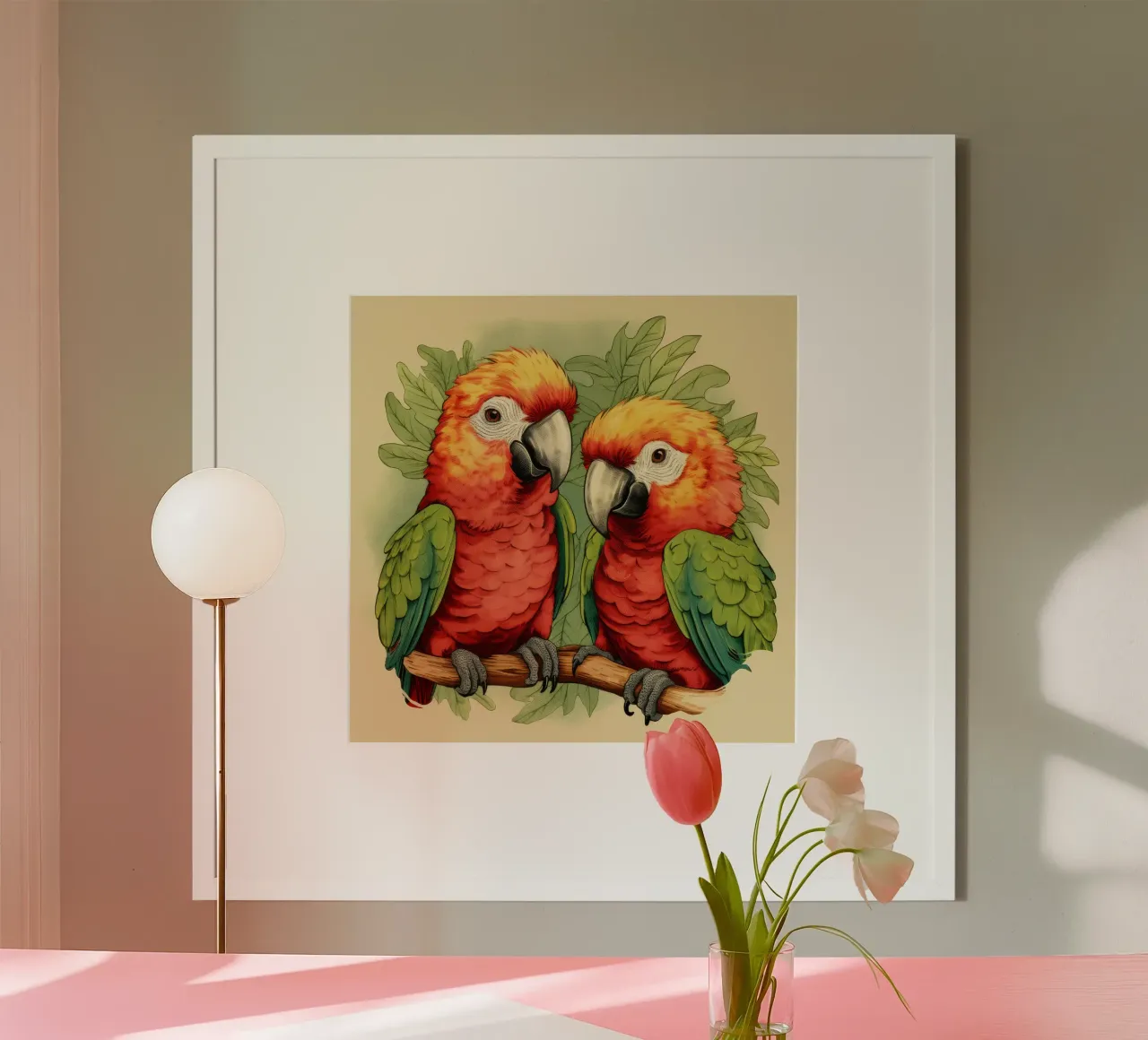 Duo di pappagalli retrò poster con telaio in legno da Funny Animals