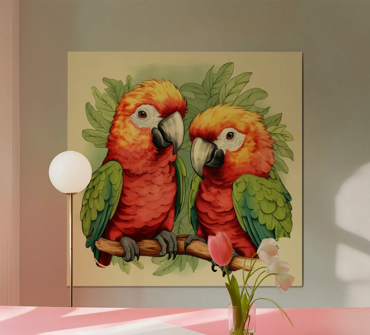 Duo di pappagalli retrò poster con telaio in legno da Funny Animals