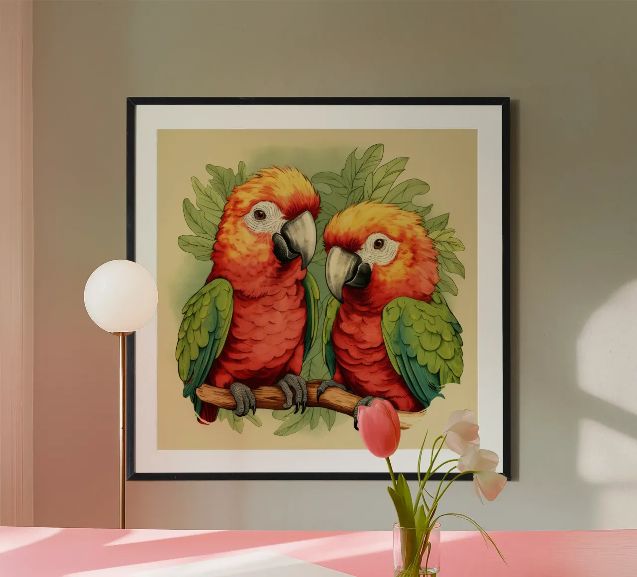 Duo di pappagalli retrò poster con telaio in legno da Funny Animals