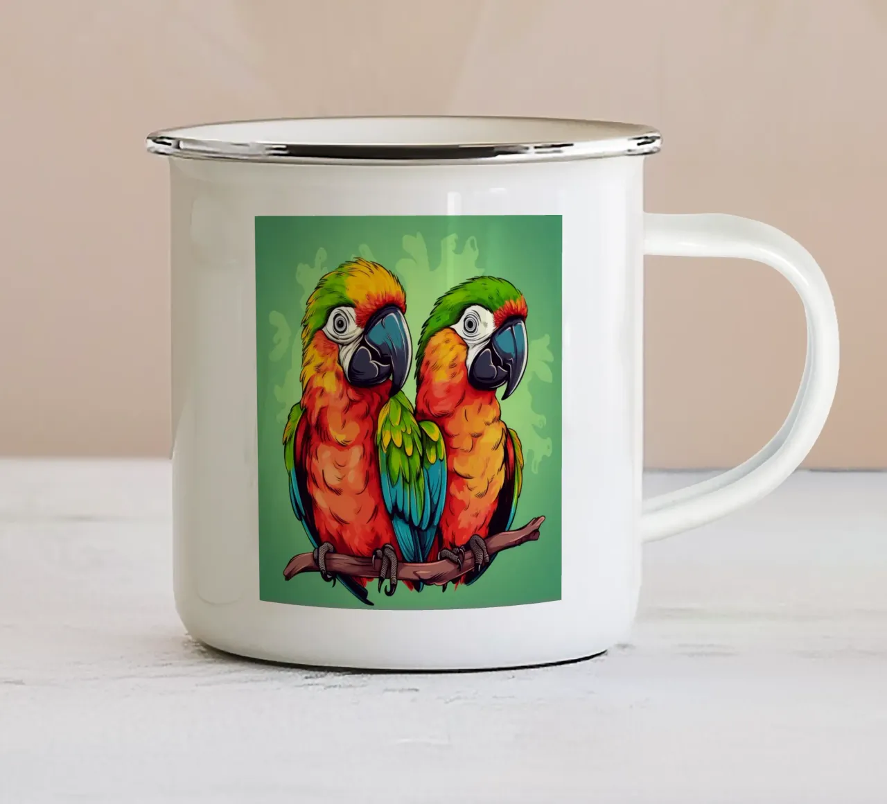 Duo di pappagalli retrò tazza in smalto da Funny Animals