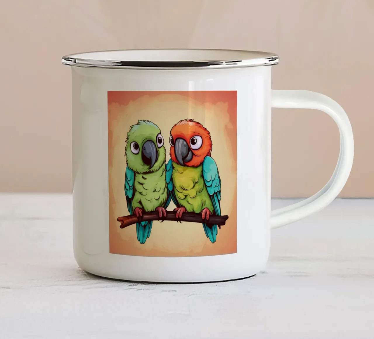 Duo di pappagalli retrò tazza in smalto da Funny Animals