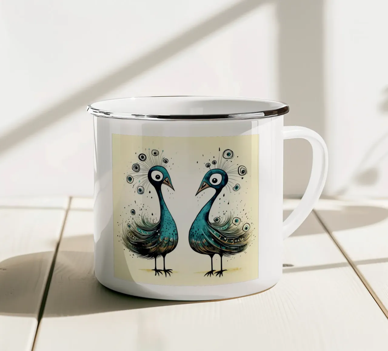 Dúo pavo real retro taza de esmalte de Funny Animals
