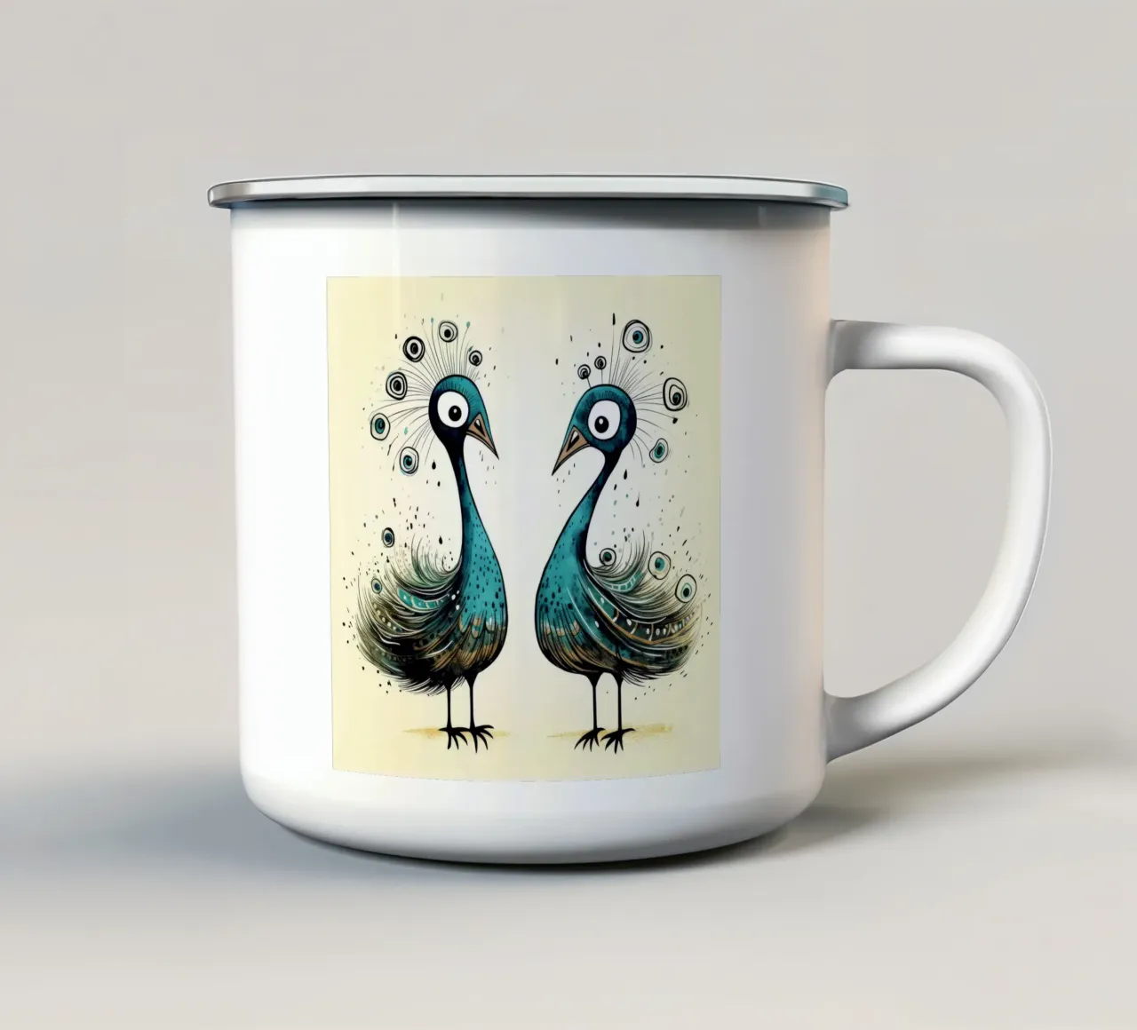 Dúo pavo real retro taza de esmalte de Funny Animals