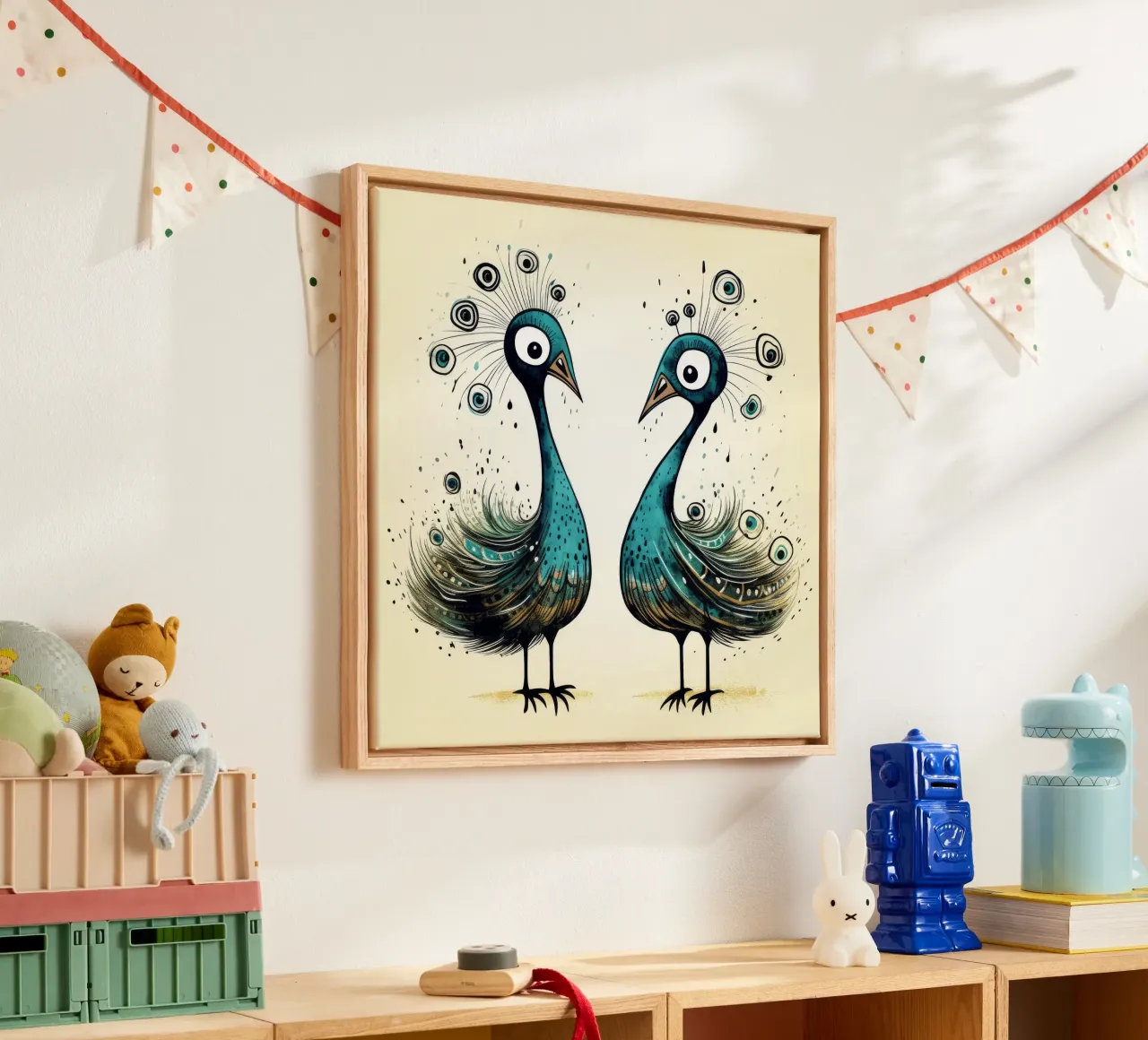 Retro Peacock Duo tela con Cornice a cassetta da Funny Animals