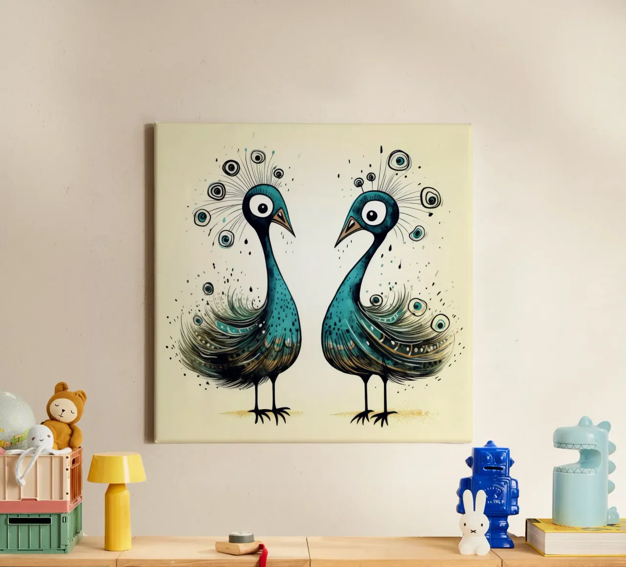 Retro Peacock Duo tela con Cornice a cassetta da Funny Animals