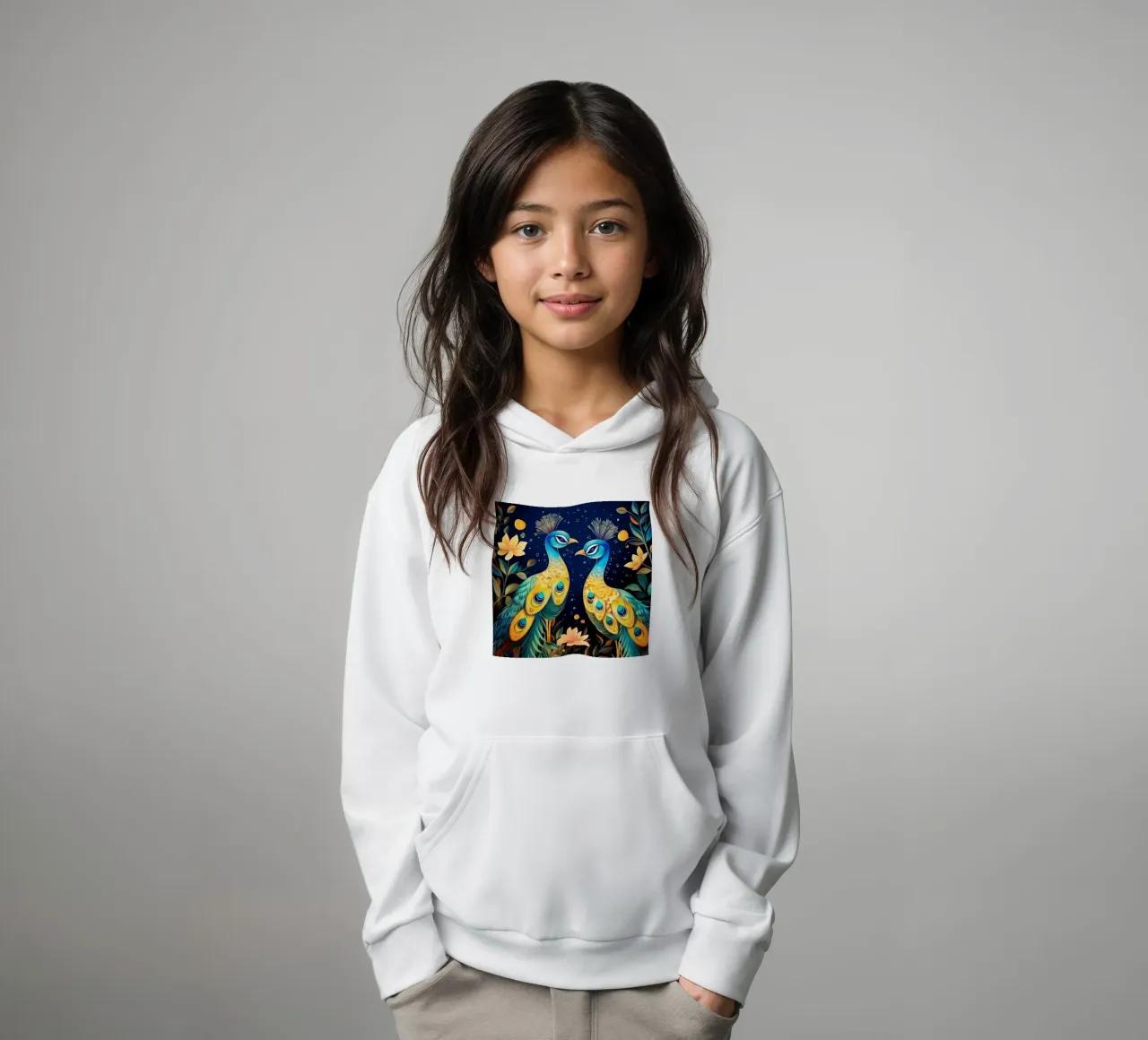 Retro Peacock Duo kids hoodie by Funny Animals