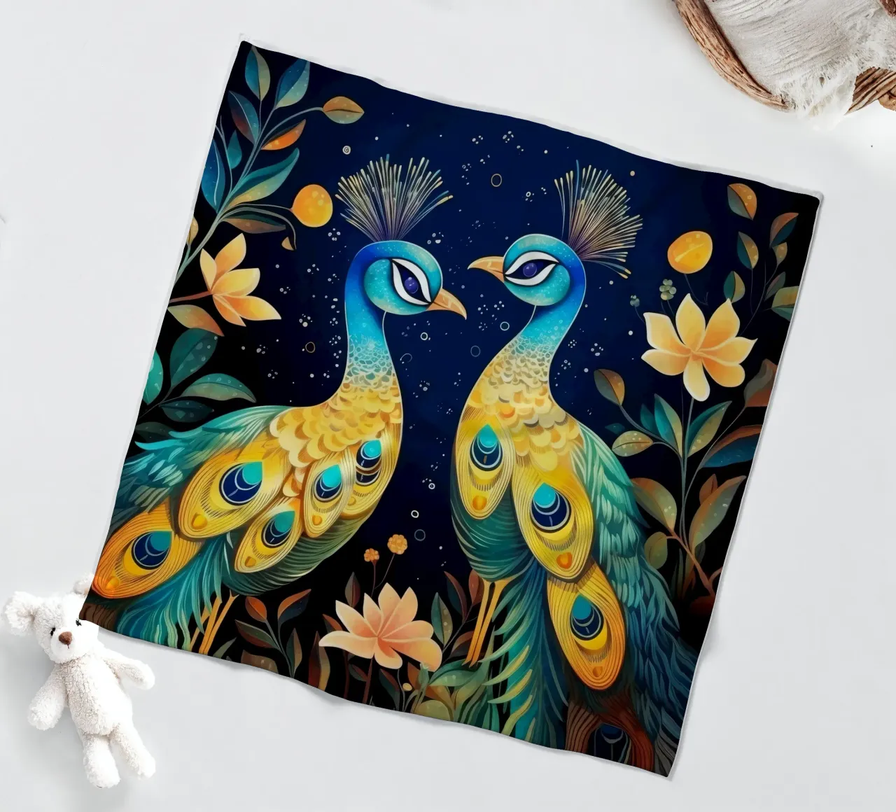 Retro Peacock Duo fleece blanket by Funny Animals