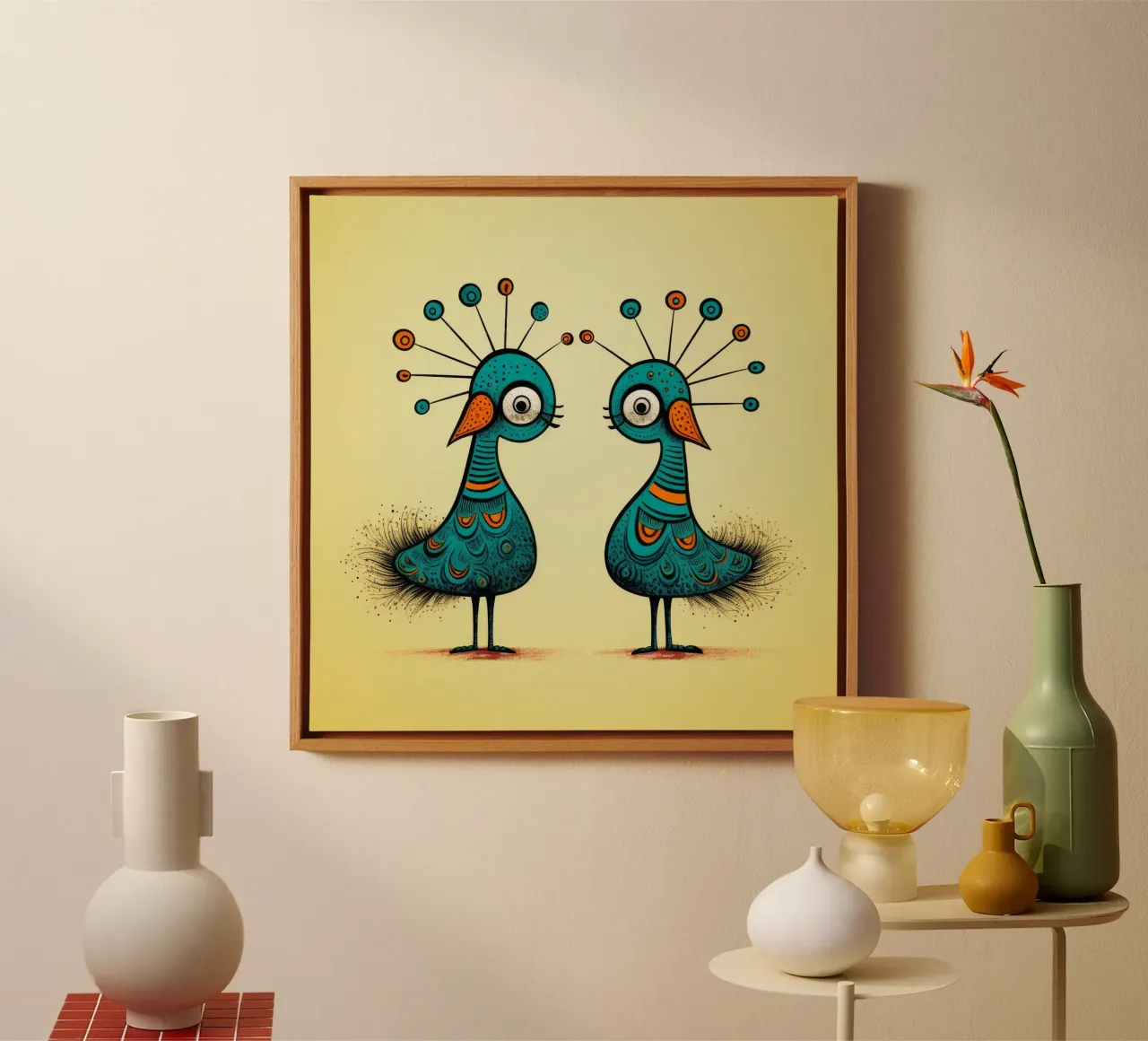 Retro Pauw Duo canvas met Baklijst van Funny Animals