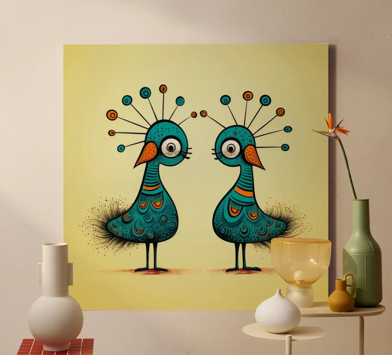 Retro Pauw Duo canvas met Baklijst van Funny Animals