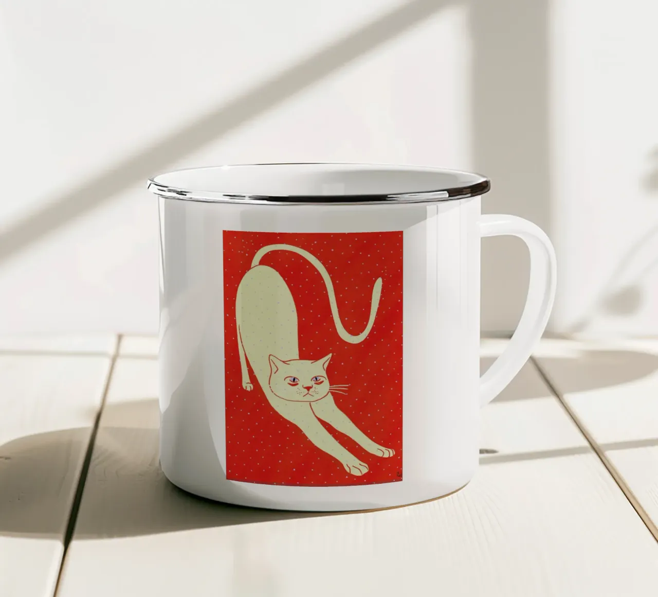 White Cat On Red Background Emaille Tasse von Be Mart