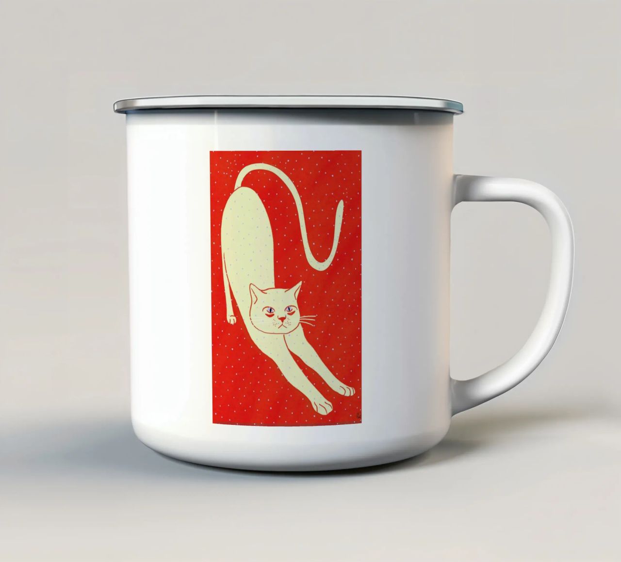 White Cat On Red Background tazza in smalto da Be Mart