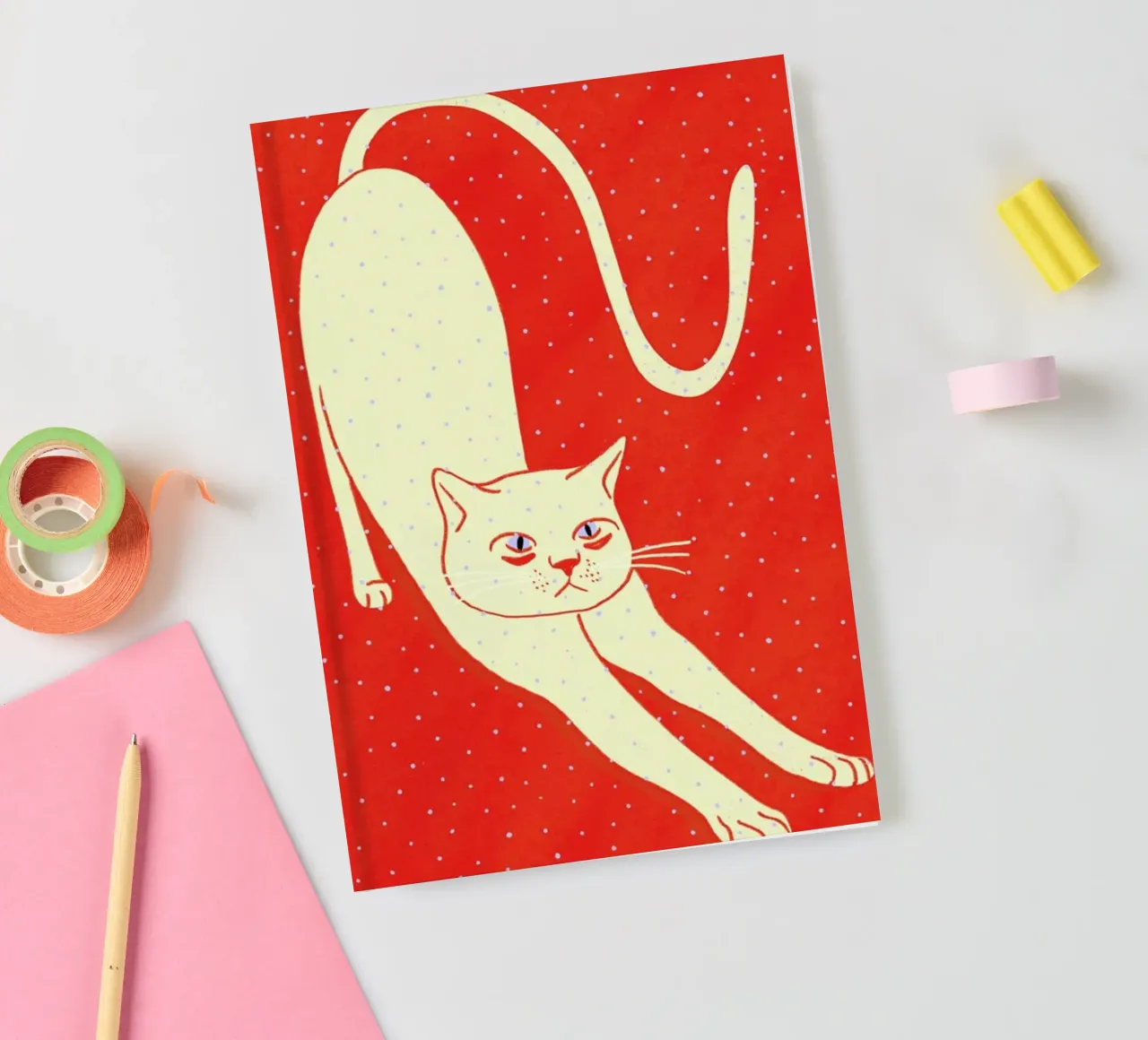 White Cat On Red Background notebook by Be Mart